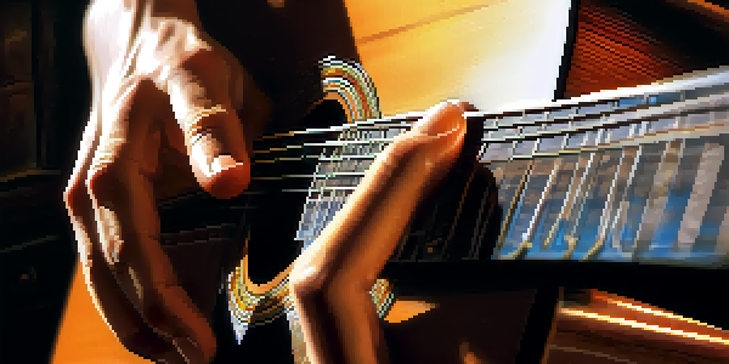 Close-up of hands fingerpicking a guitar, with a blurred background and warm sunlight.