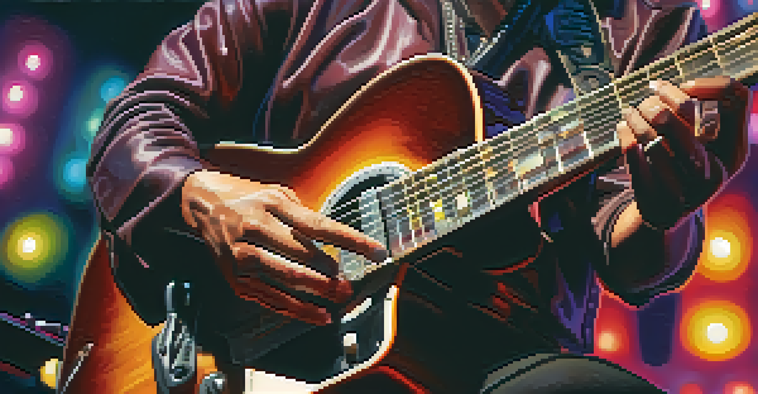 Close-up of a guitarist's hands playing on stage with colorful lights and a blurred audience.