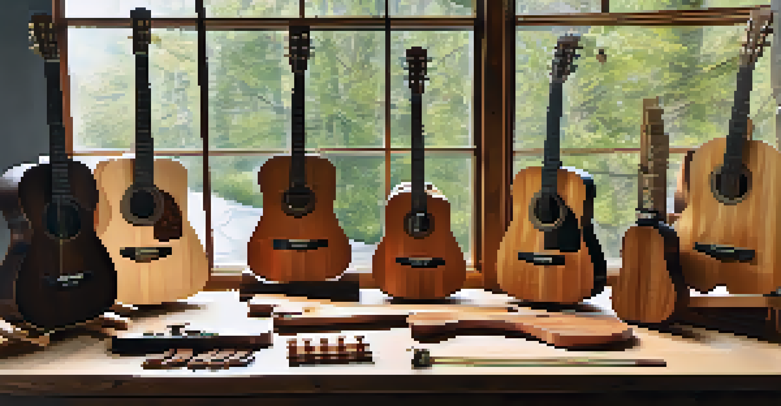 Various pieces of tonewood like spruce, rosewood, and maple arranged on a rustic table with sunlight illuminating the textures.