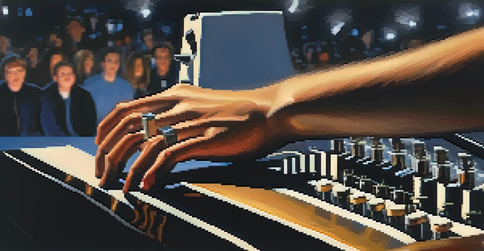 A close-up of a musician's hand adjusting a chorus pedal's depth knob on stage, with dim lights and an audience in the background.