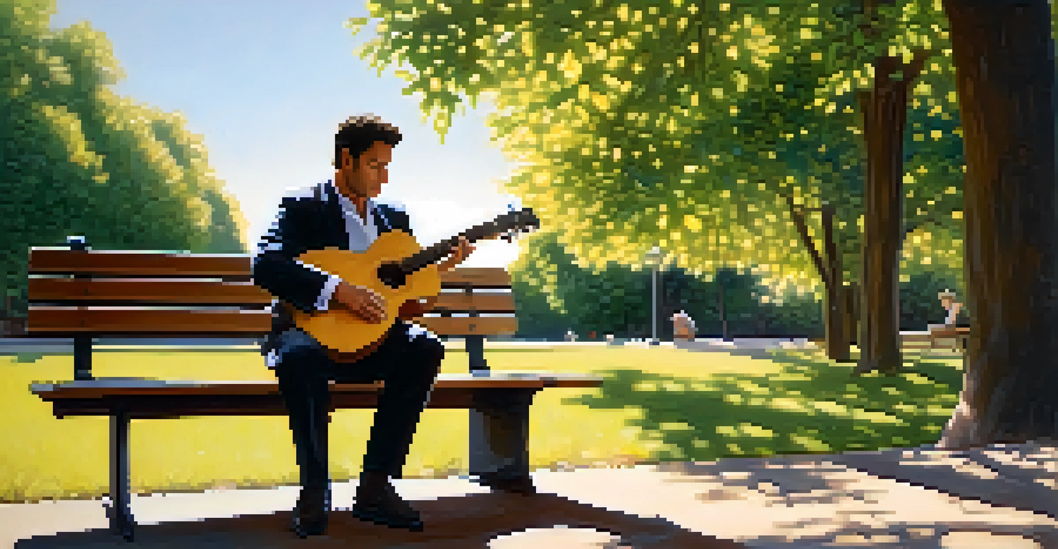 A jazz guitarist sitting on a park bench in nature, playing guitar with sunlight filtering through the leaves.