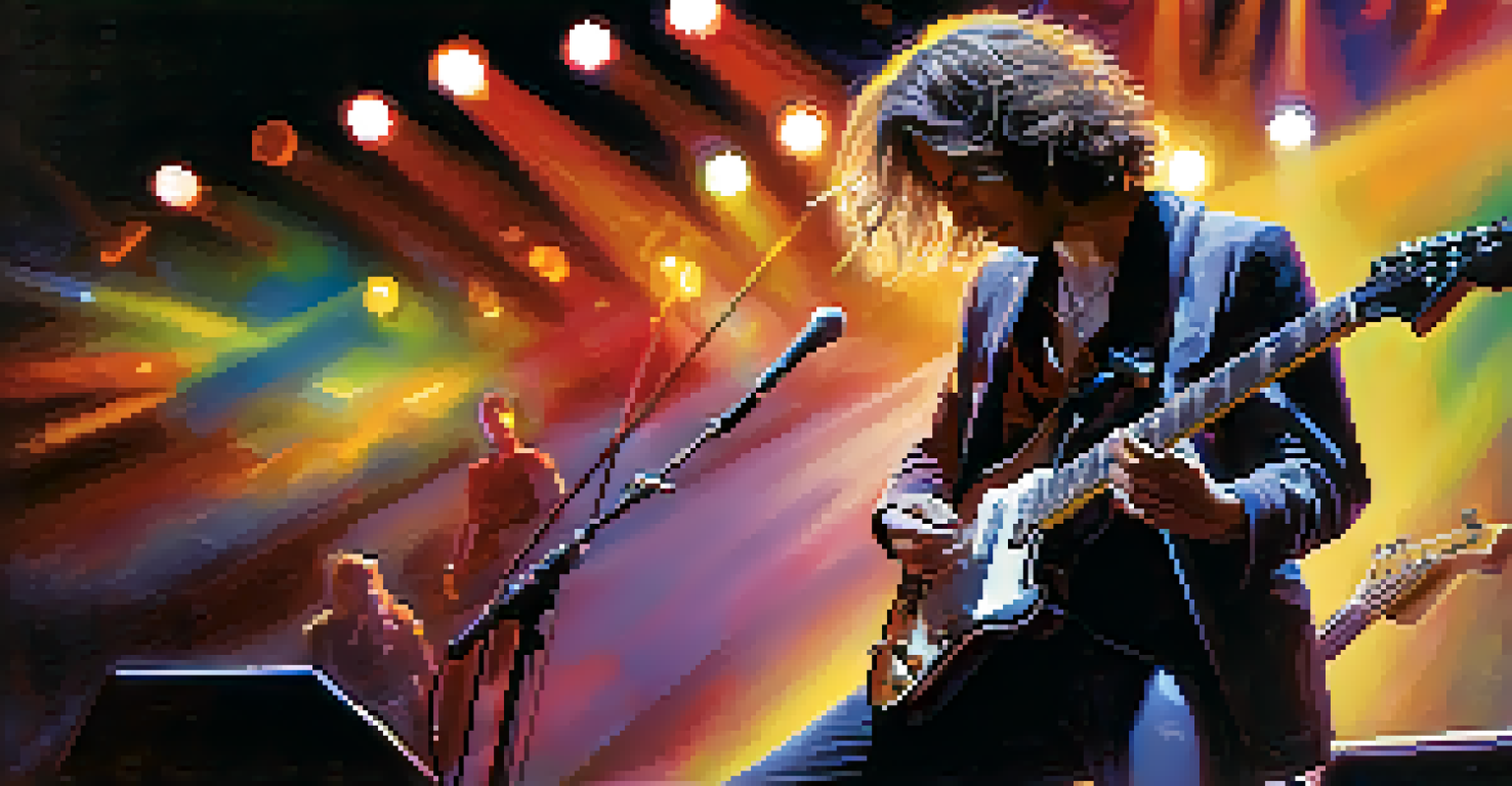 A guitarist performing on stage with colorful lights, expressing passion and energy.