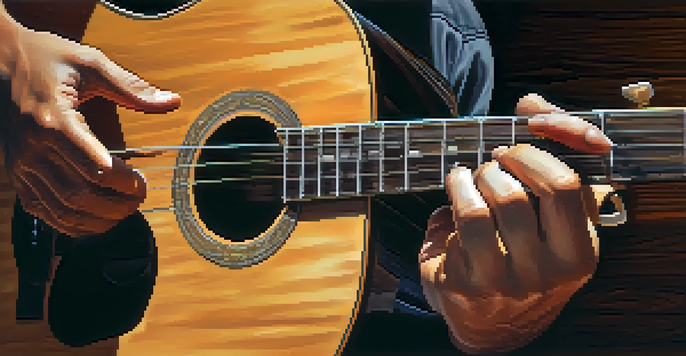 A close-up of a person's hands playing an acoustic guitar, showcasing the texture of the guitar and the care in the finger positioning.