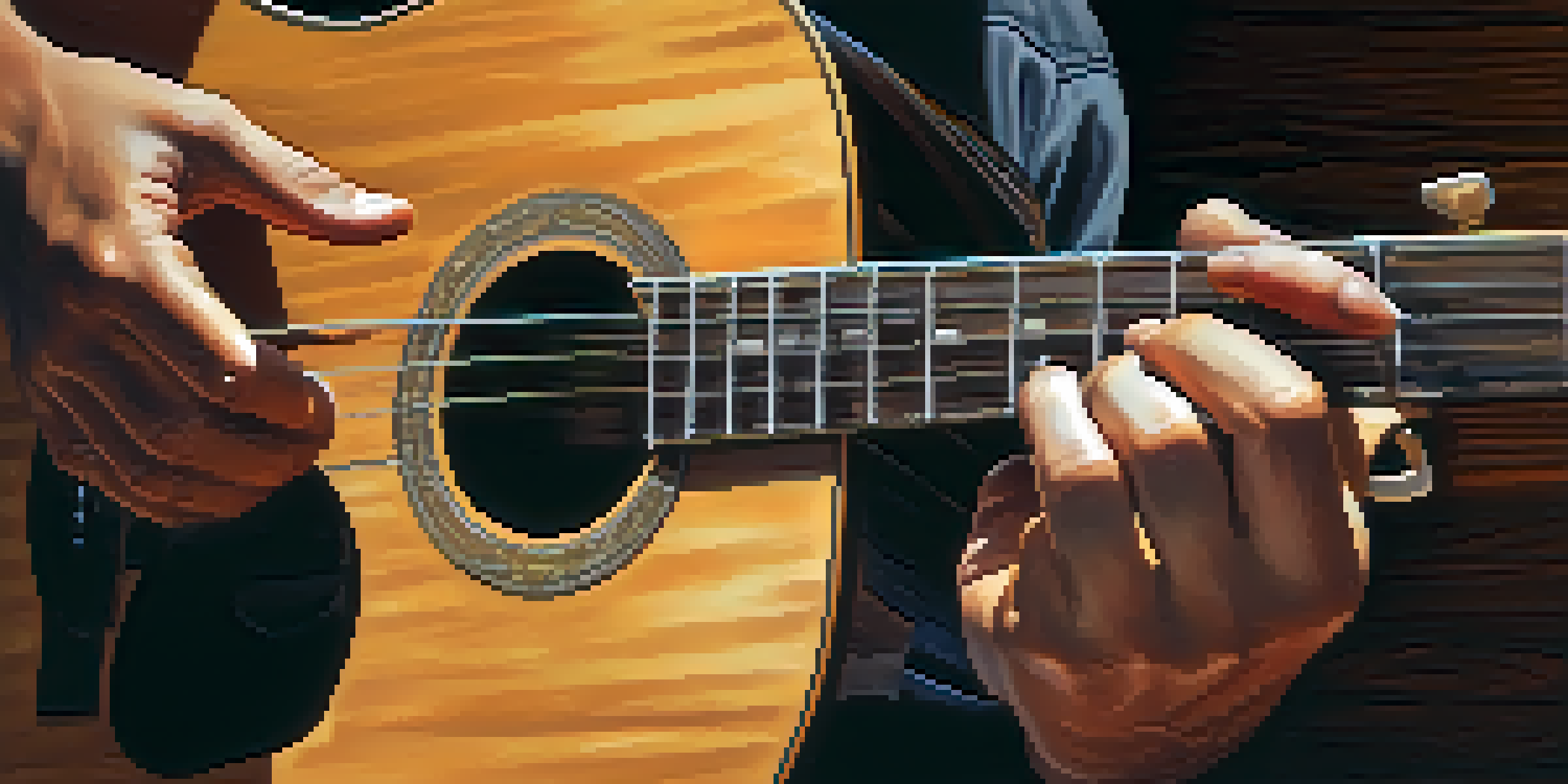 A close-up of a person's hands playing an acoustic guitar, showcasing the texture of the guitar and the care in the finger positioning.
