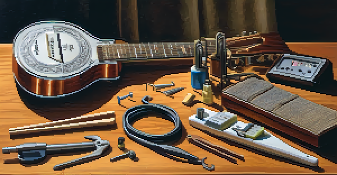 A close-up of a guitar maintenance workspace with tools like a string winder, wire cutter, tuner, and neck relief gauge arranged on a wooden table.