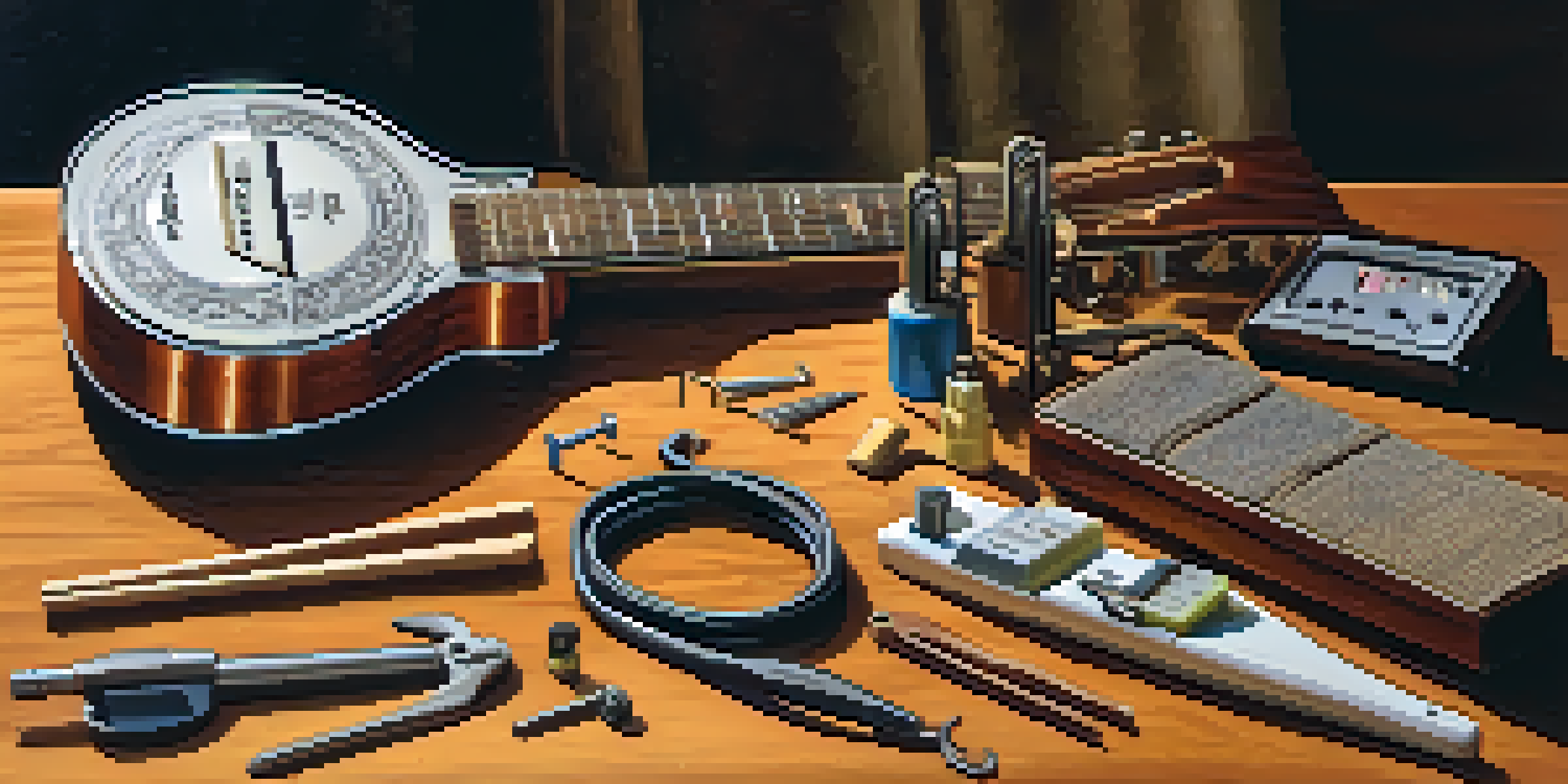 A close-up of a guitar maintenance workspace with tools like a string winder, wire cutter, tuner, and neck relief gauge arranged on a wooden table.
