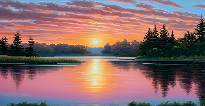 A tranquil lake at sunset, with vibrant colors reflected in the water and silhouetted trees in the foreground.