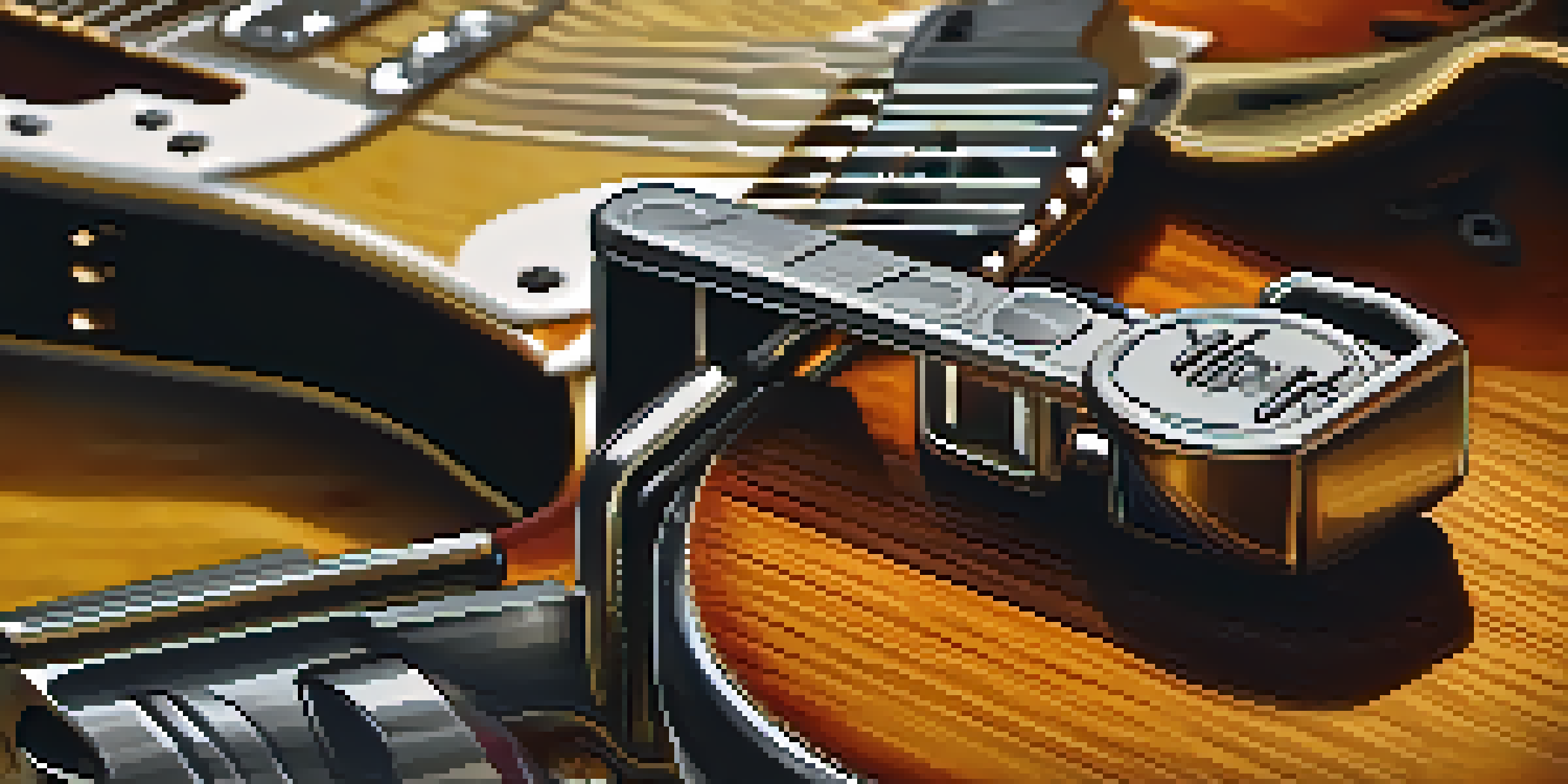 A detailed view of a guitar strap lock on an electric guitar, with a blurred background and warm lighting.