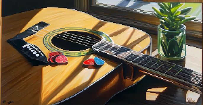 A close-up view of an acoustic guitar on a wooden table, with sunlight illuminating the guitar's wood grain and colorful guitar picks around it.