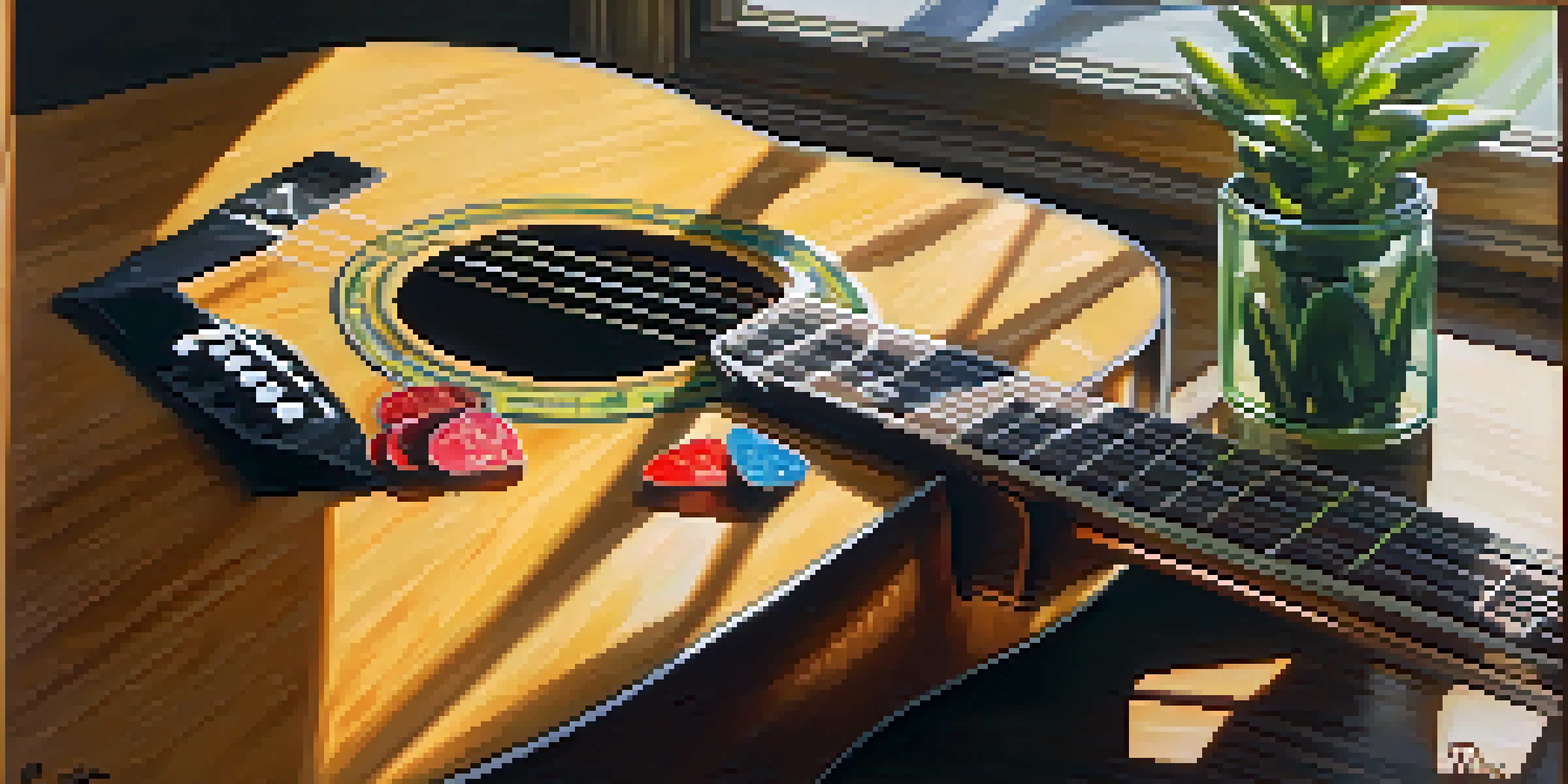 A close-up view of an acoustic guitar on a wooden table, with sunlight illuminating the guitar's wood grain and colorful guitar picks around it.