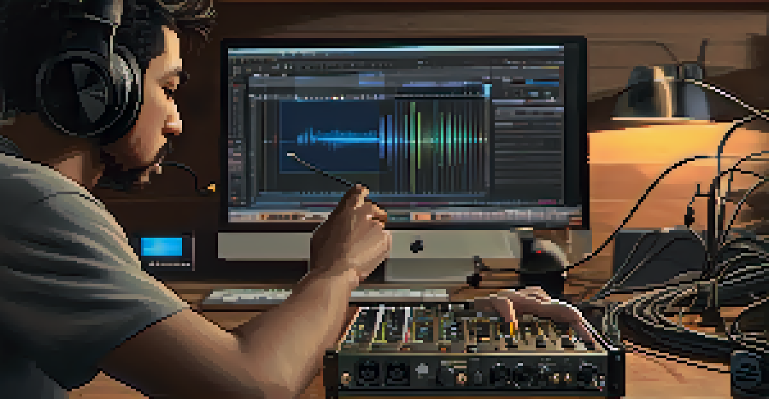 A musician adjusting a low-latency audio interface in a home studio, with a digital audio workstation on the screen.