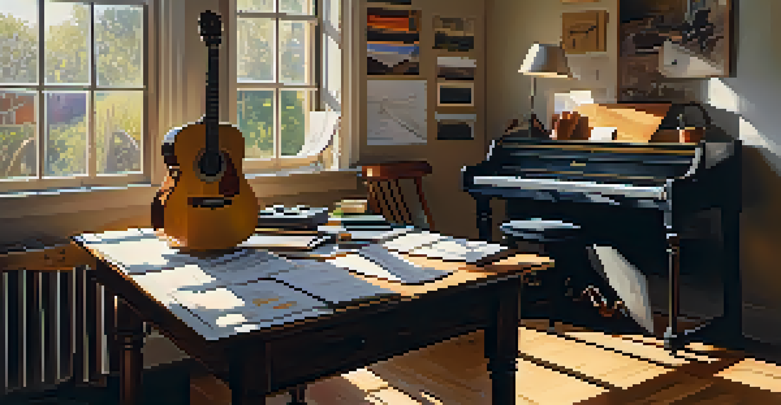 An artist's workspace with musical instruments and art supplies, illuminated by soft sunlight.