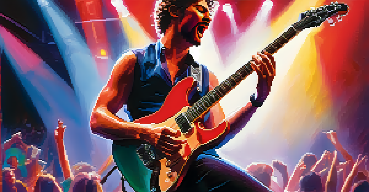 A guitarist energetically performing on stage with a red electric guitar, surrounded by colorful lights and an enthusiastic audience in the background.