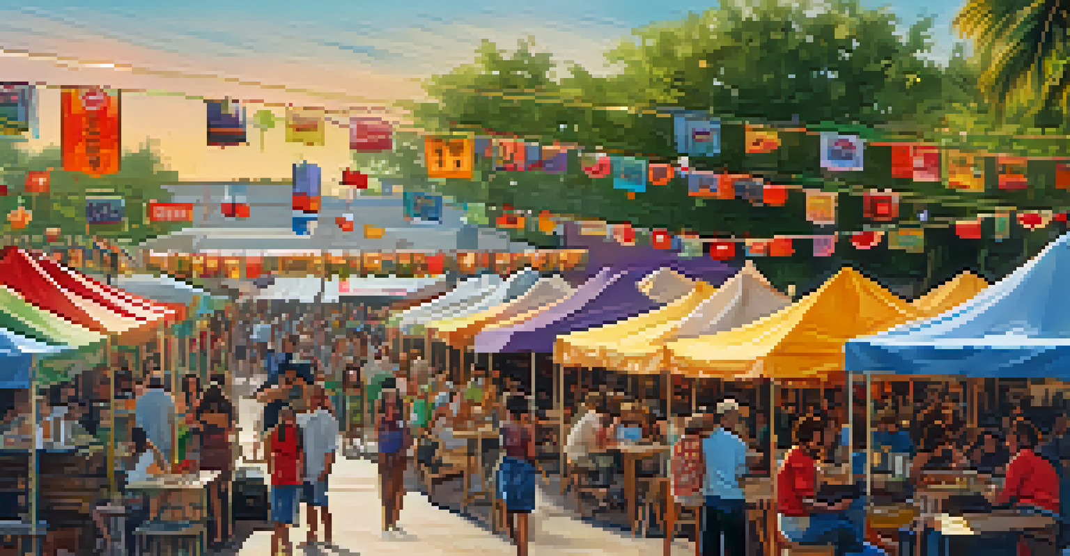Various colorful food stalls at a guitar festival with people enjoying different cuisines in a lively atmosphere.
