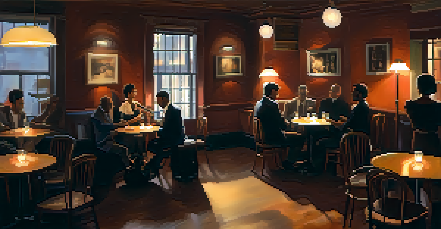 A guitarist playing softly in a dimly lit jazz club, surrounded by small tables of patrons.
