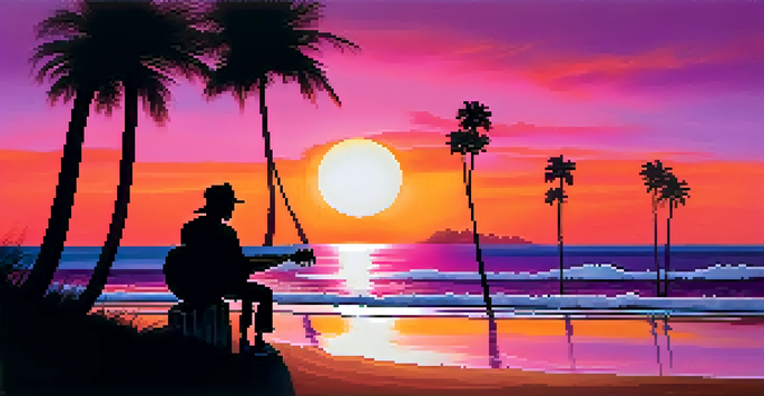 A silhouette of a guitarist playing on the beach at sunset, with colorful sky and gentle waves.