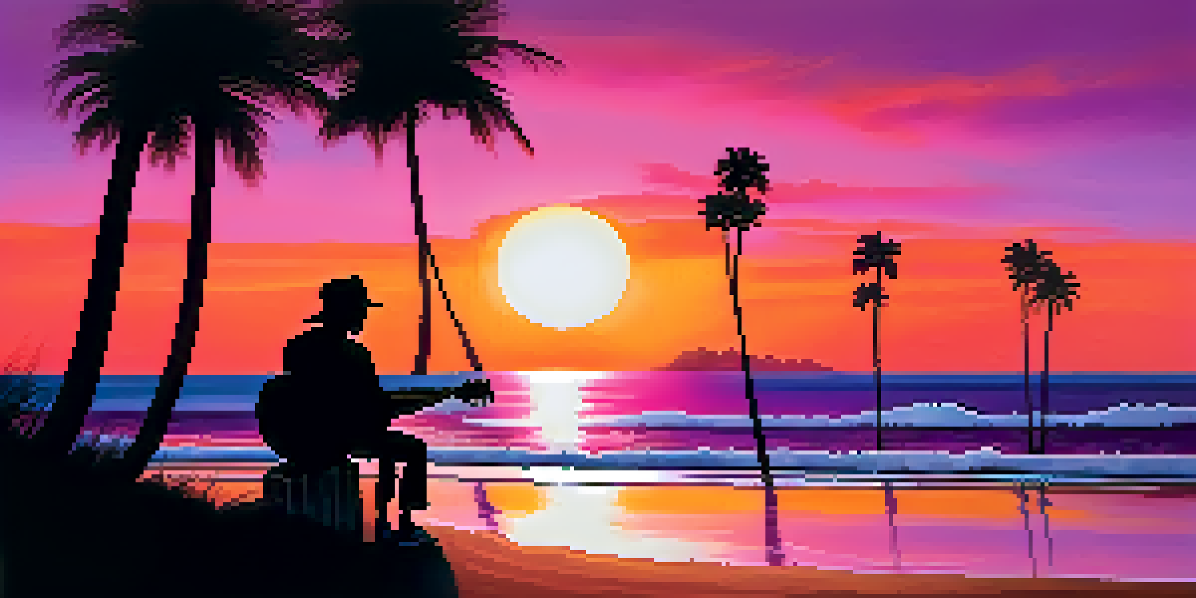A silhouette of a guitarist playing on the beach at sunset, with colorful sky and gentle waves.