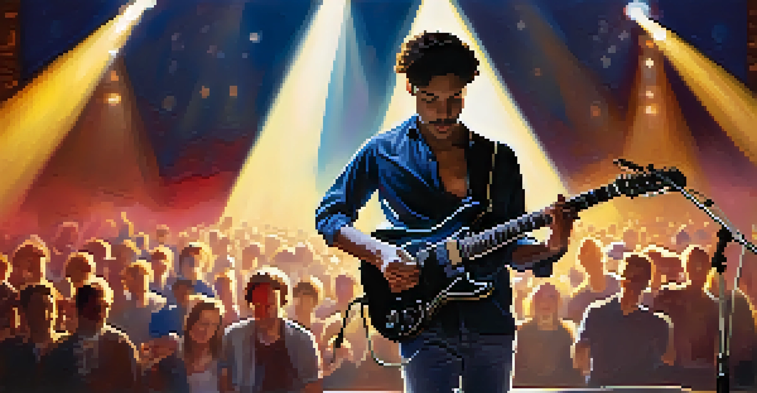 A musician on stage adjusting a guitar strap with bright lights and a blurred audience in the background.