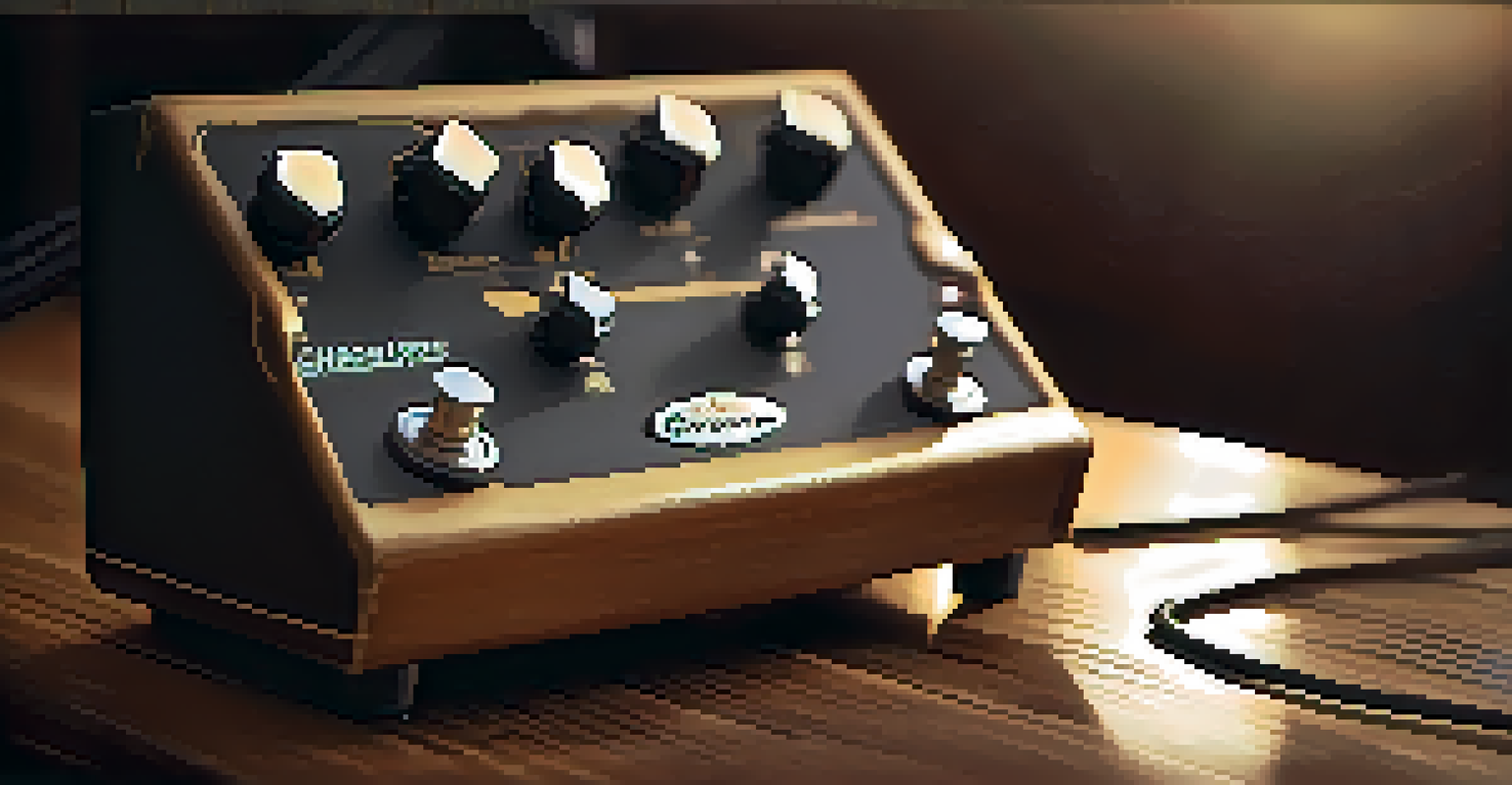 A close-up view of a vintage analog chorus pedal with warm lighting, showcasing its knobs and switches against a blurred background of a guitar and amplifier.
