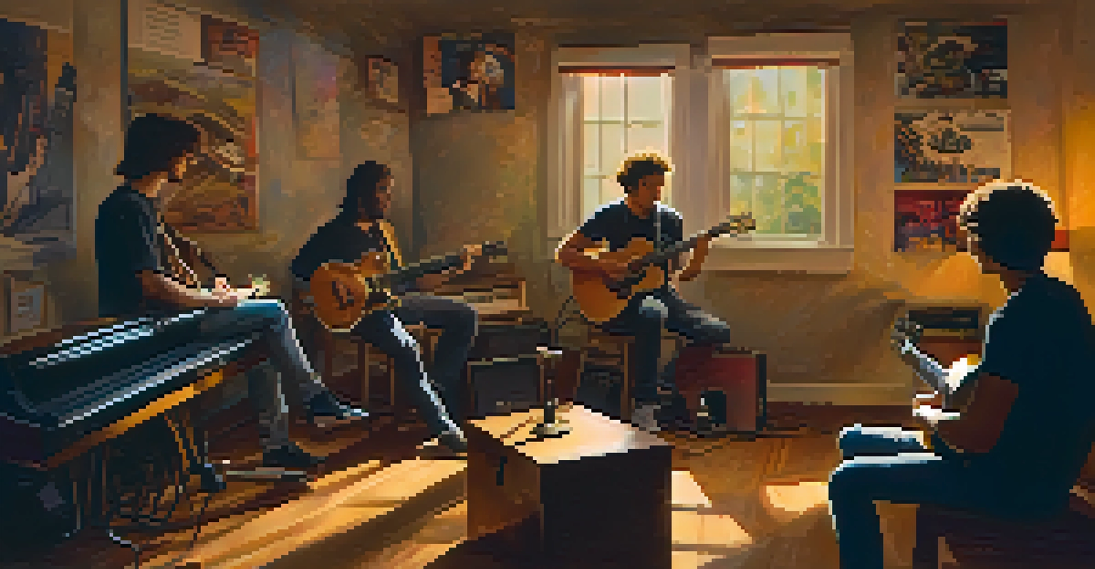 A cozy basement rehearsal space with guitarists collaborating on music, surrounded by band posters and warm lighting.