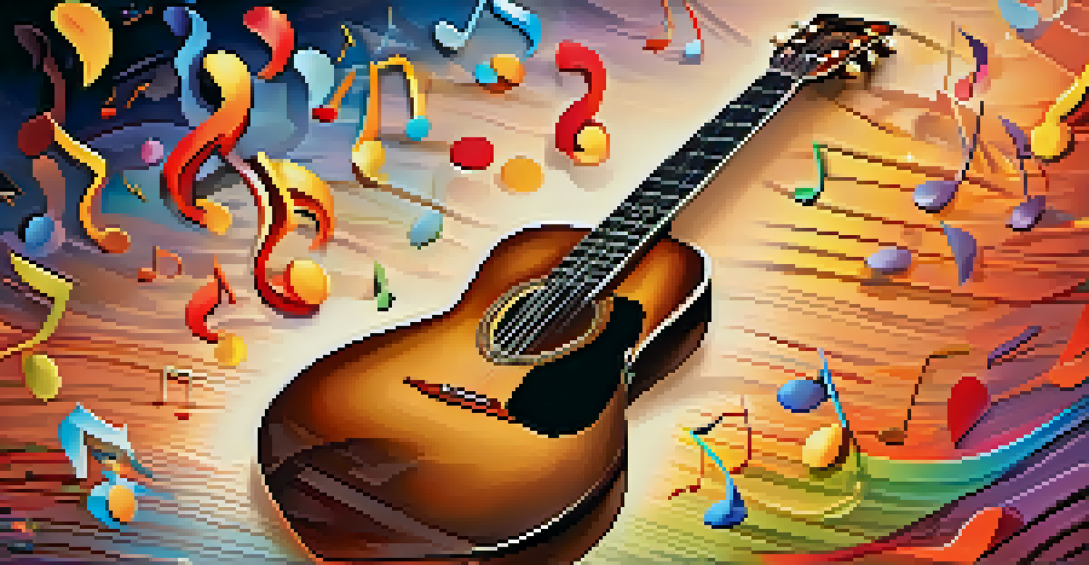 A guitar surrounded by colorful musical notes against a warm gradient background, representing the emotional impact of music.