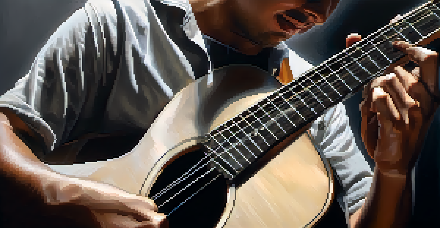 Guitarist using percussive techniques while playing, with soft ambient light and a modern studio background.