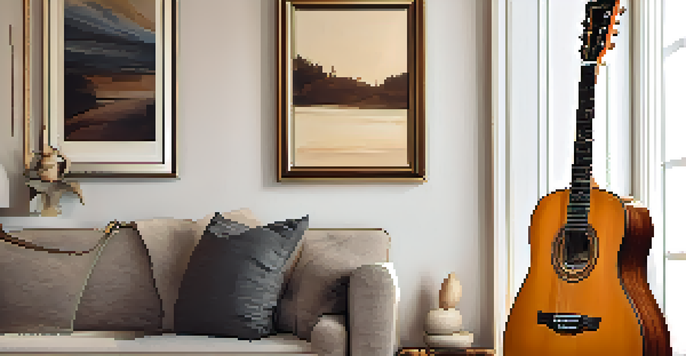 A wooden guitar stand holding an acoustic guitar in a warmly lit living room, showcasing the textures of the wood and guitar finish.