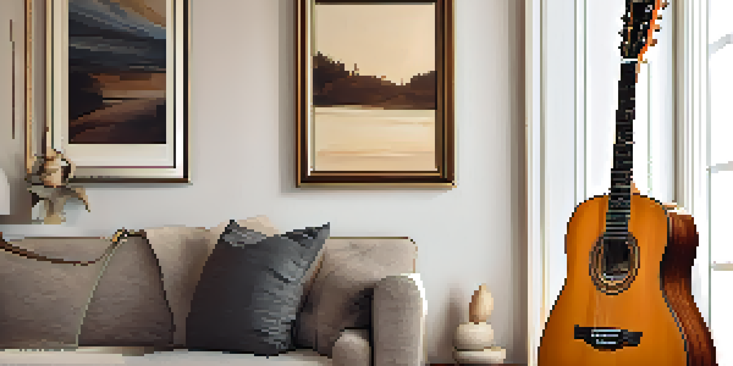 A wooden guitar stand holding an acoustic guitar in a warmly lit living room, showcasing the textures of the wood and guitar finish.