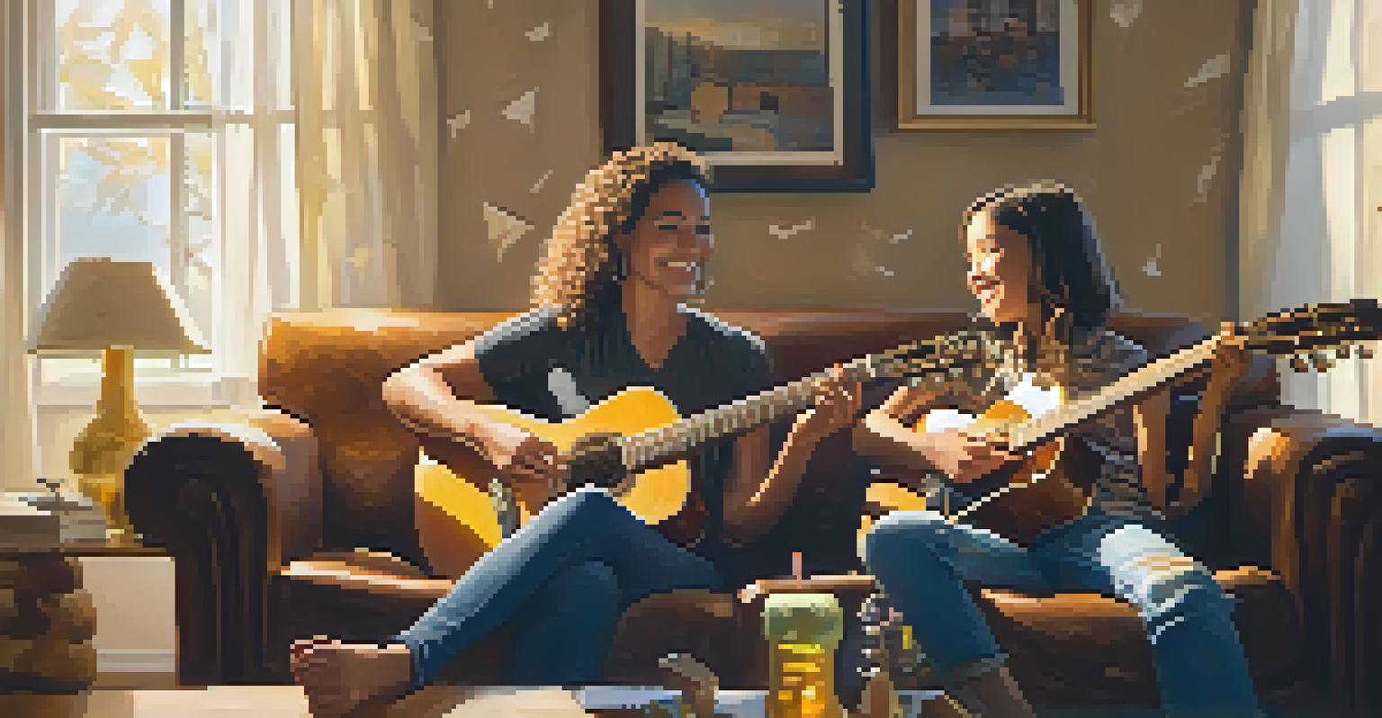 A parent and child happily practicing guitar together in a cozy living room, with warm lighting and musical notes in the air.