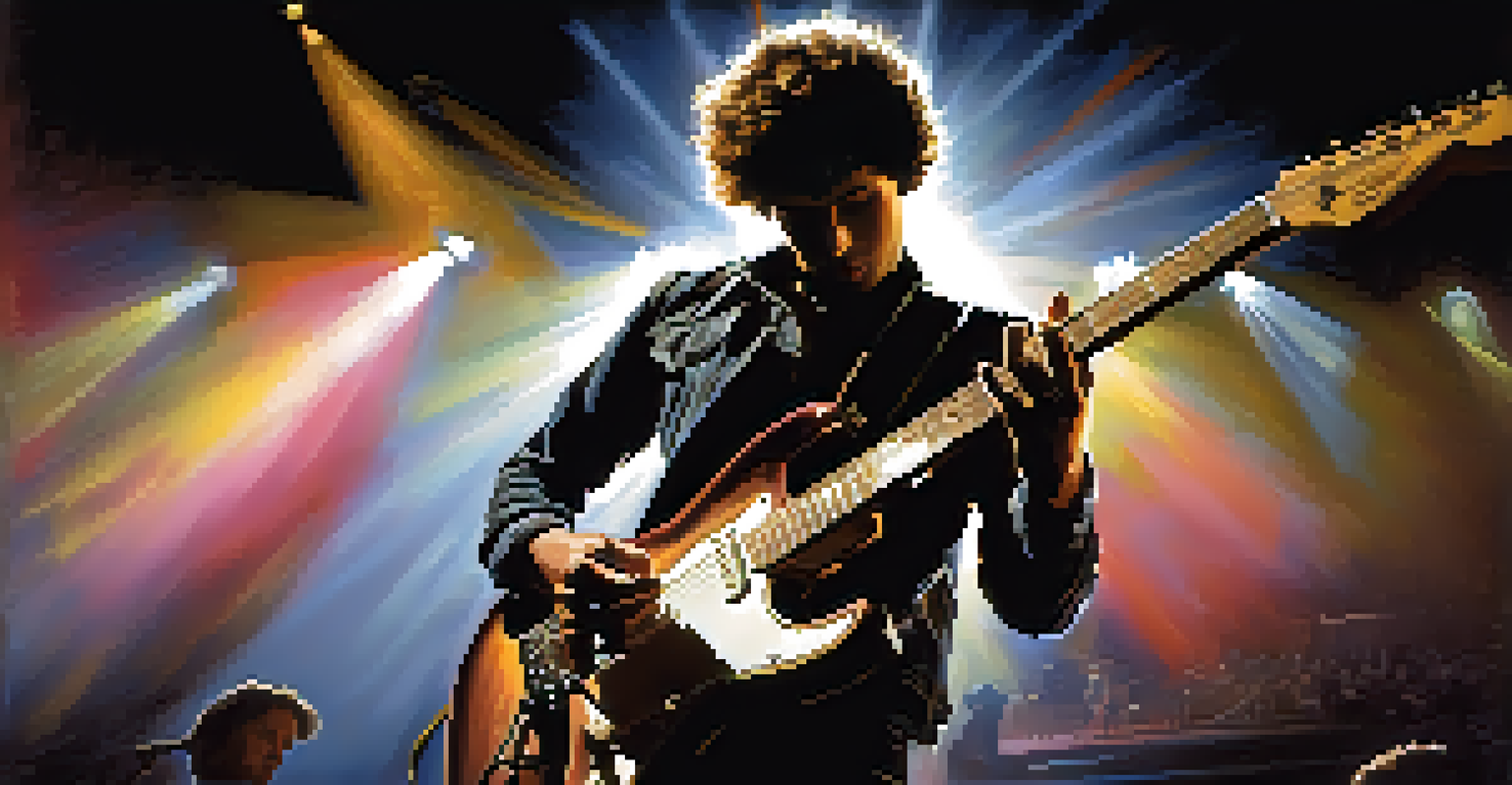 A guitarist on stage under a spotlight, demonstrating palm muting while the audience is captivated in the background.