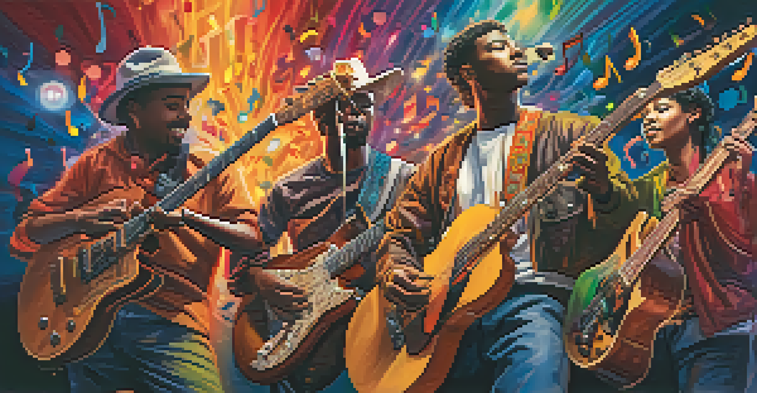 A diverse group of musicians collaborating on stage, playing different guitars with colorful lights and musical notes around them.