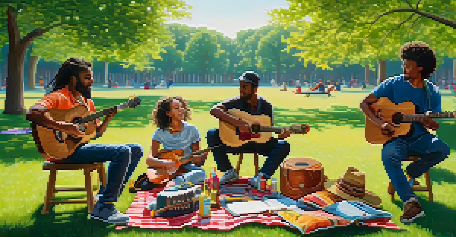 A group of musicians playing guitars in a sunny park surrounded by trees and colorful picnic blankets.