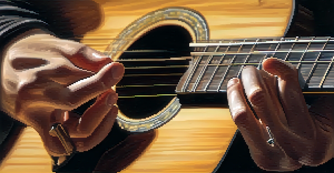 A guitarist's hands performing finger exercises on an acoustic guitar, with warm lighting and a blurred background of a cozy room.