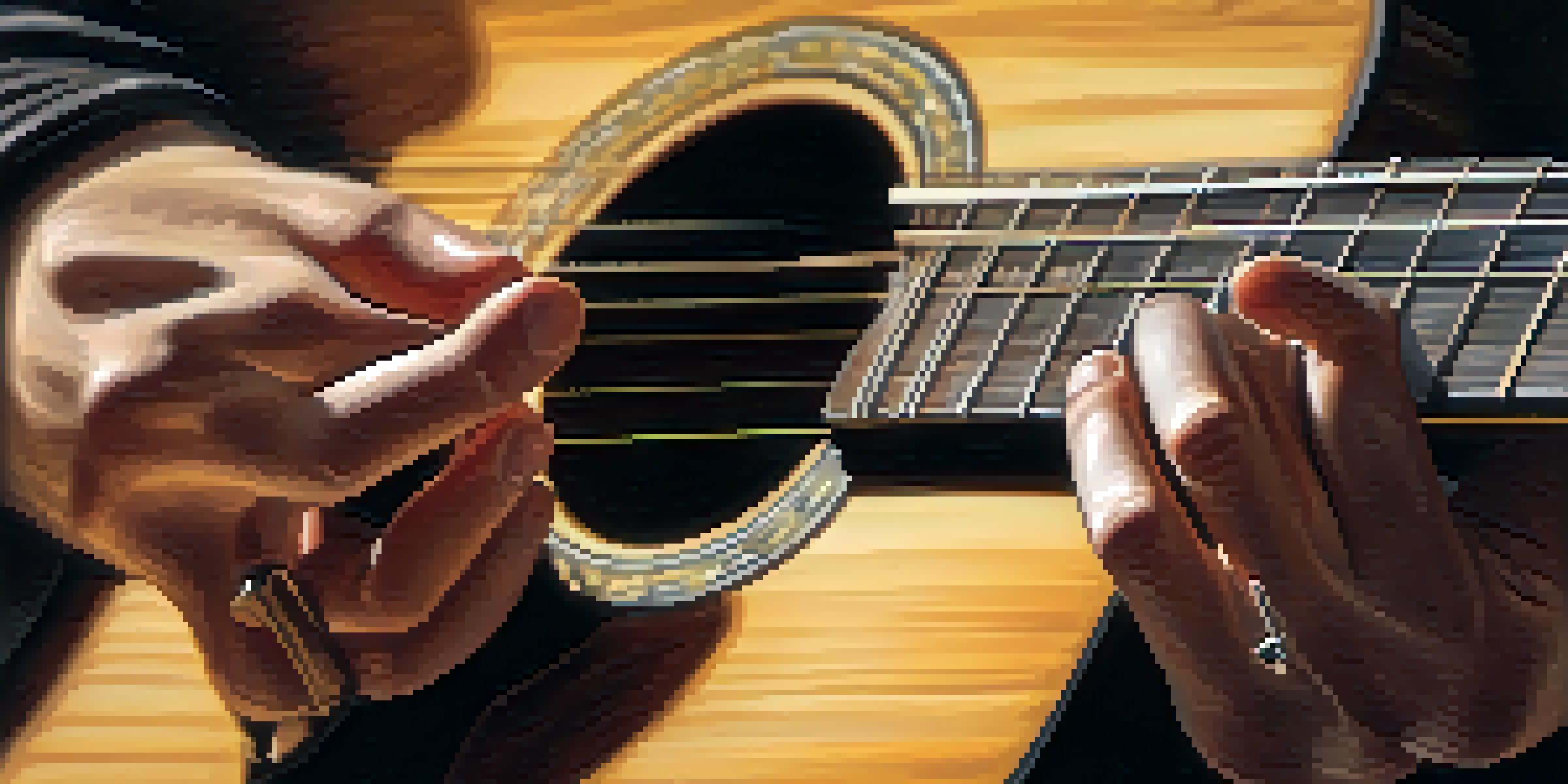 A guitarist's hands performing finger exercises on an acoustic guitar, with warm lighting and a blurred background of a cozy room.