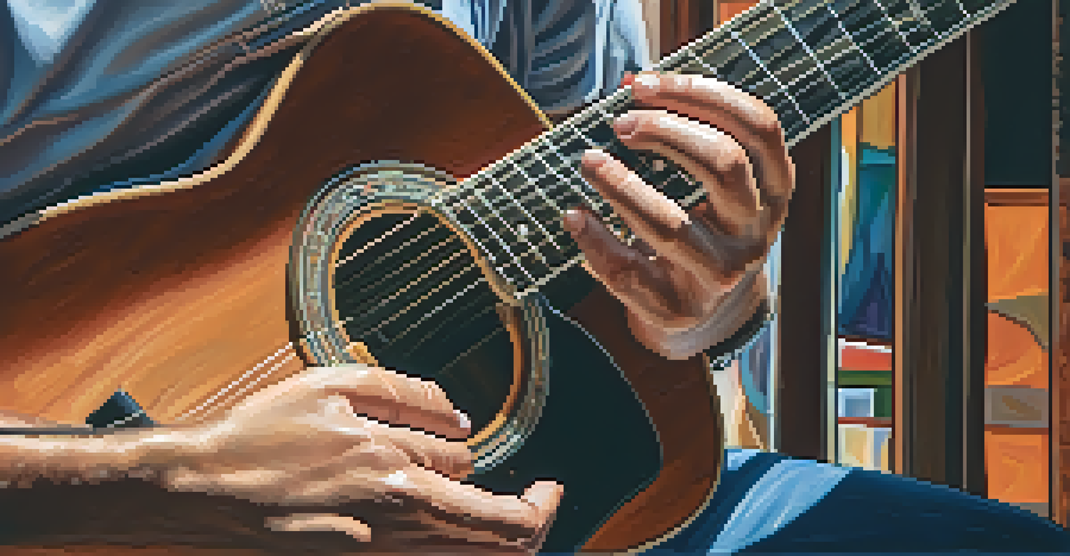 Close-up of a guitarist's hands strumming an acoustic guitar, showcasing the instrument's texture and details.