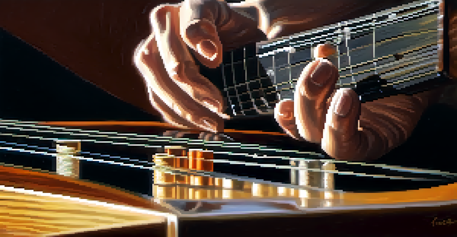 A guitarist inspecting worn strings on a guitar, with a focus on the frets and the player's hands, emphasizing string maintenance.