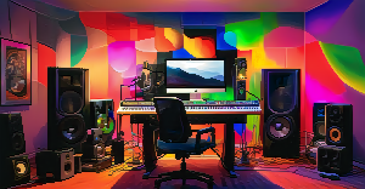 An artist in a modern home studio with microphones and studio monitors, showcasing a vibrant and creative atmosphere.