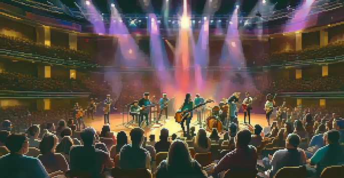 A lively guitar competition with musicians performing on stage under colorful lights and an enthusiastic audience.