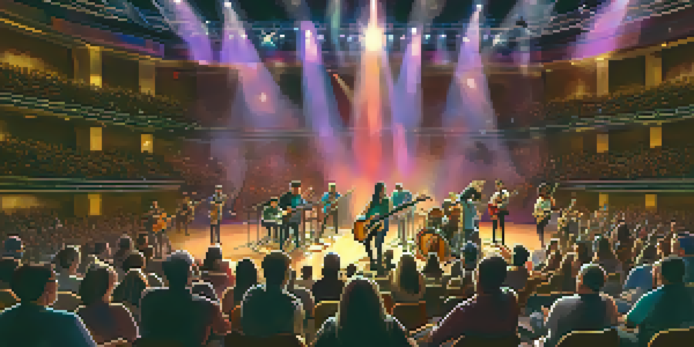 A lively guitar competition with musicians performing on stage under colorful lights and an enthusiastic audience.