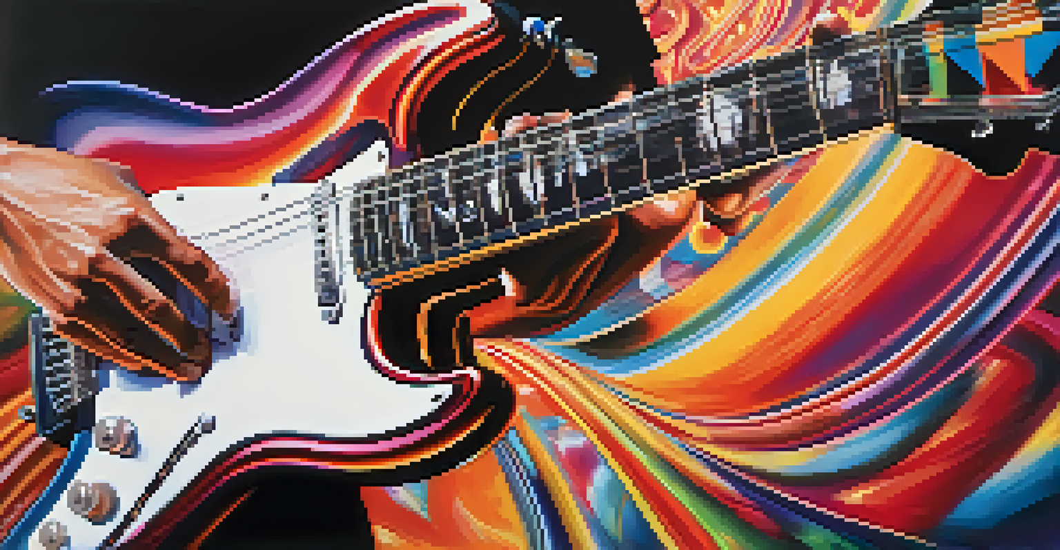 A close-up of a guitarist's hands playing an electric guitar with colorful sound waves and a blurred art installation in the background.