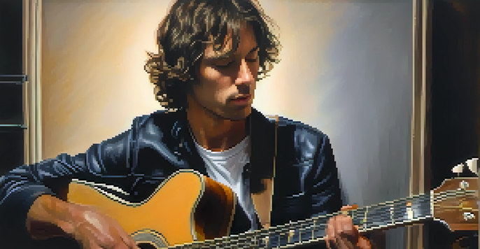 A nervous guitarist backstage, holding a guitar with shaky hands, warm lighting highlighting their focused expression.