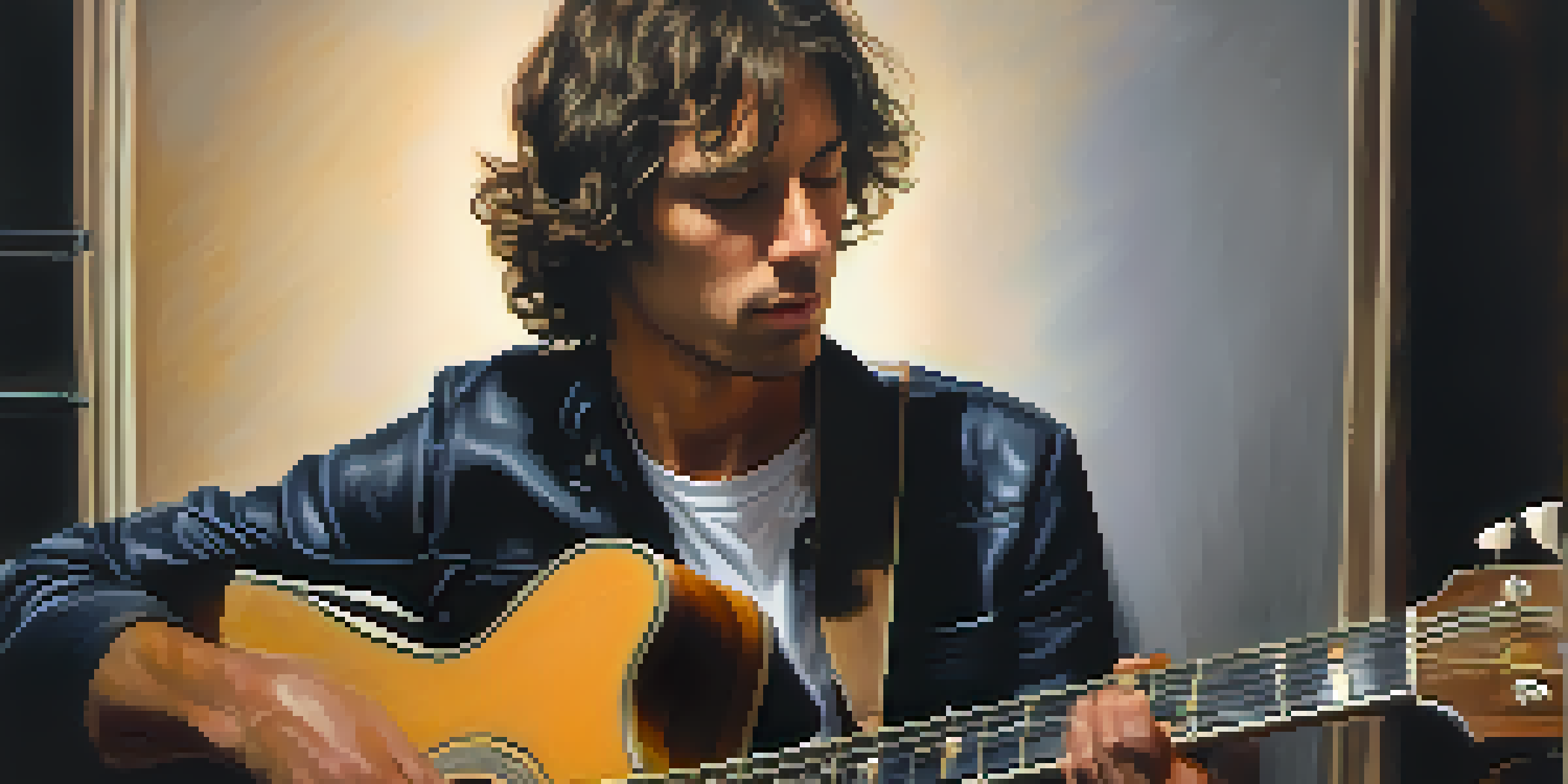 A nervous guitarist backstage, holding a guitar with shaky hands, warm lighting highlighting their focused expression.