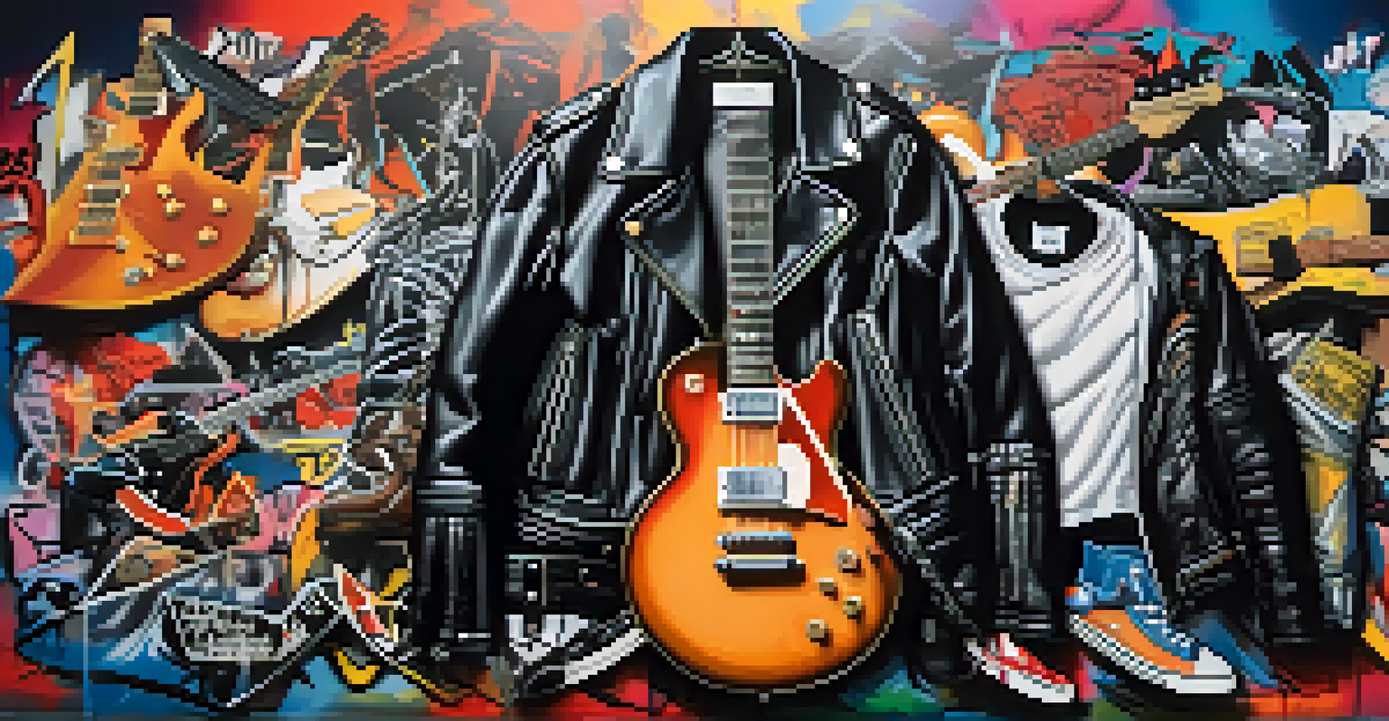 A collage showcasing iconic rock fashion elements, including leather jackets and band t-shirts against a colorful graffiti wall.