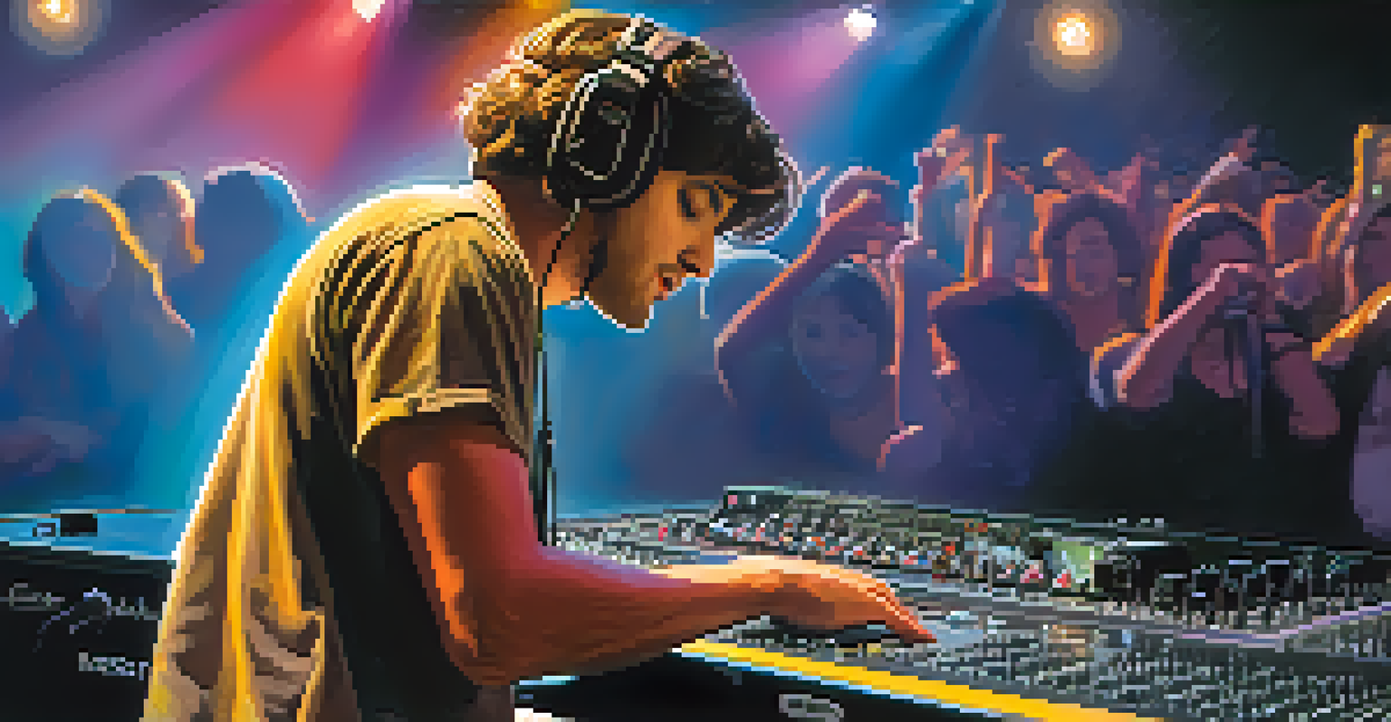 A guitarist connecting a guitar to a DI box on a mixing console, with vibrant stage lights and a crowd in the background.