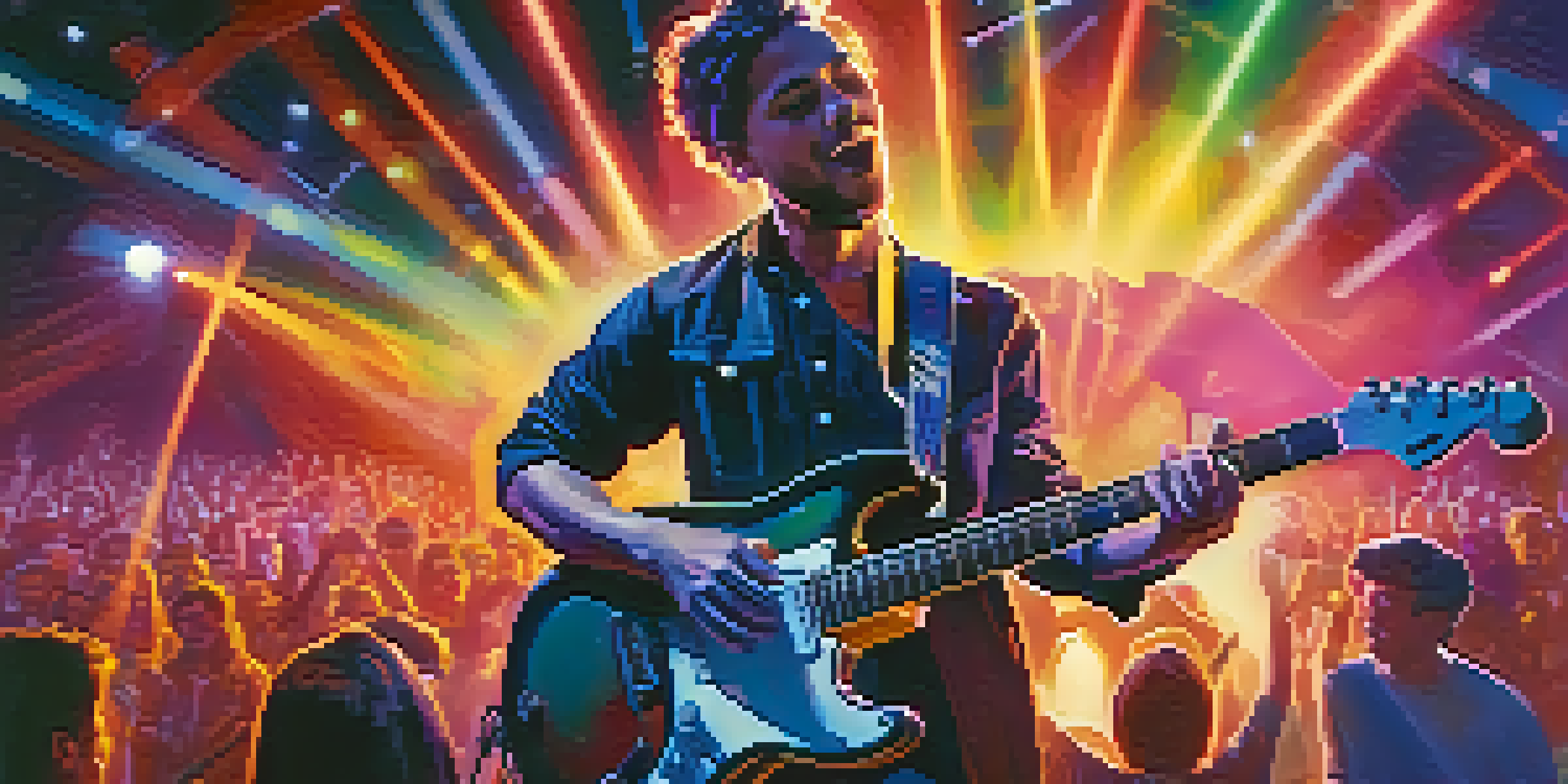 A musician playing guitar on stage, surrounded by colorful lights and an excited audience, showcasing a confident stage presence.