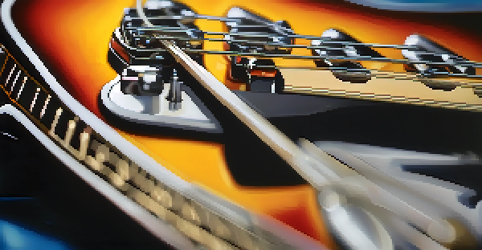 A close-up view of a beautifully crafted electric guitar, highlighting its shiny finish and intricate details, illuminated by warm light.