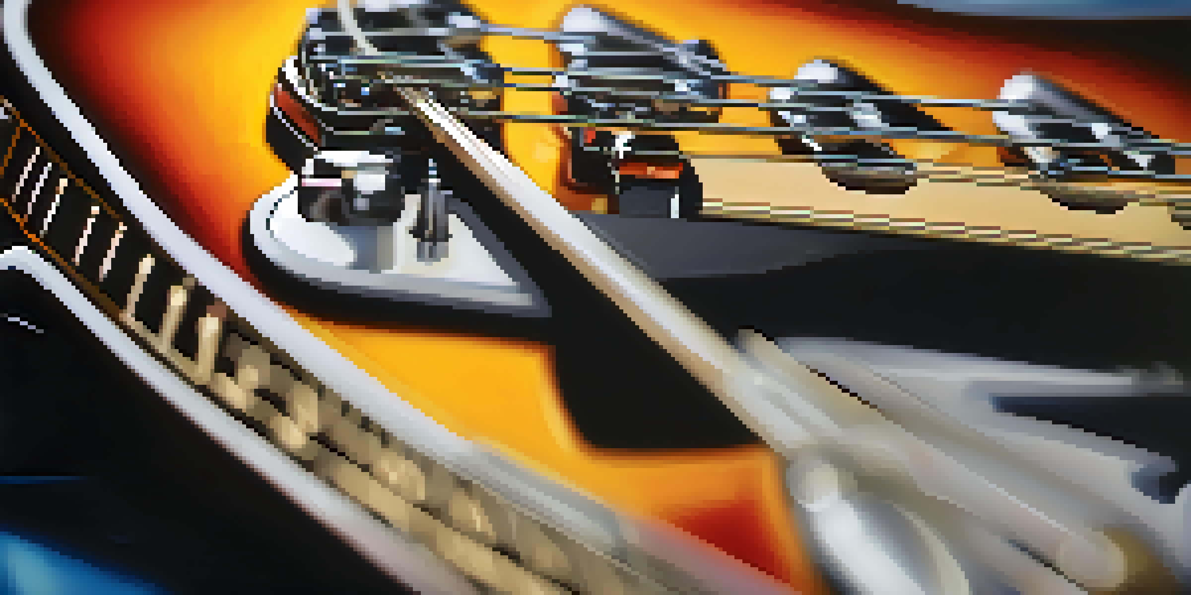 A close-up view of a beautifully crafted electric guitar, highlighting its shiny finish and intricate details, illuminated by warm light.