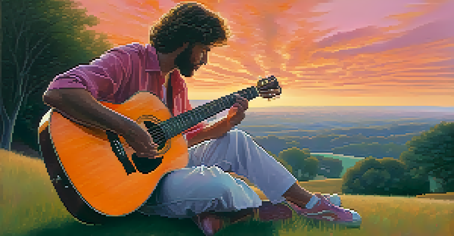 A musician playing guitar on a grassy hill at sunset, with a colorful sky creating a peaceful atmosphere.
