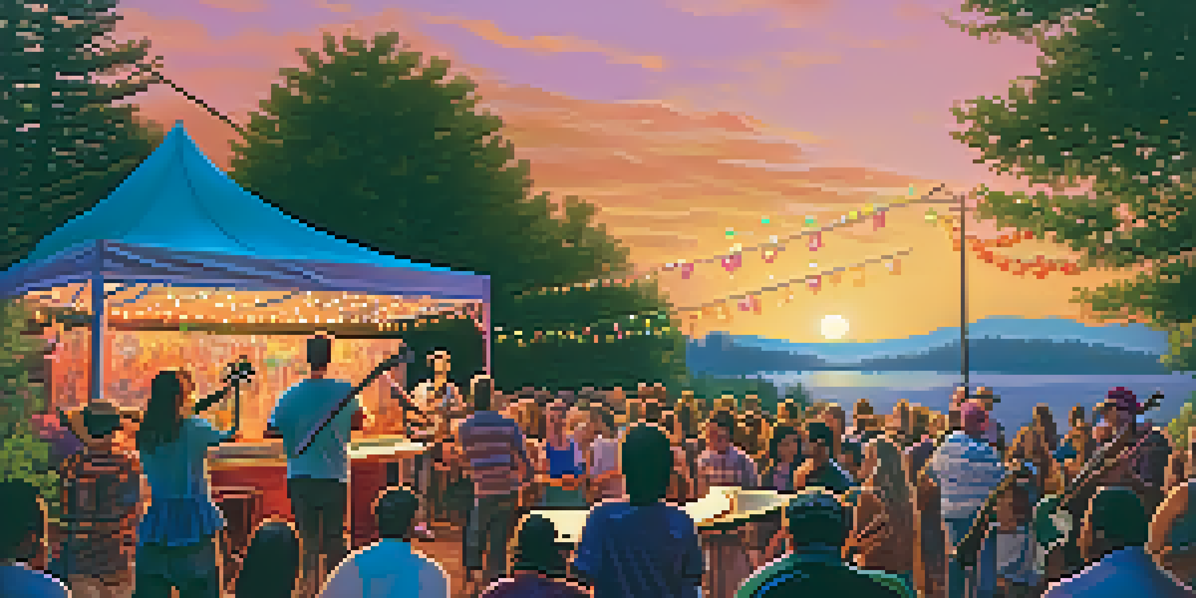A group of diverse guitarists performing on a small outdoor stage during sunset, with colorful lights and an enthusiastic crowd.