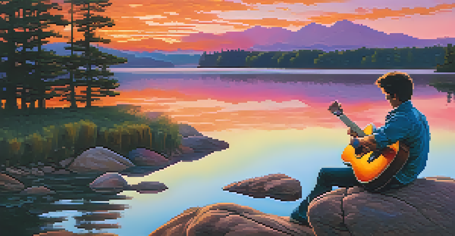 A guitarist sitting on a rock by a lake during sunset, with vibrant colors reflected in the water, creating a tranquil landscape.